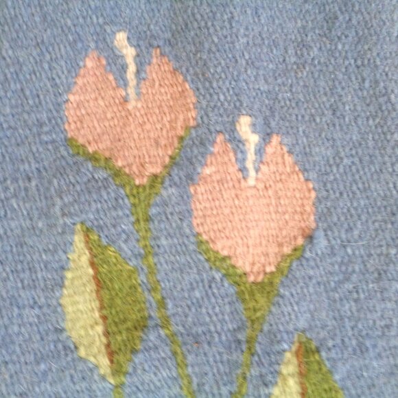 Handmade Wool Rug Flat Weave From Romania Floral Blue, Pink Tulips 26"x50" - Picture 5 of 7